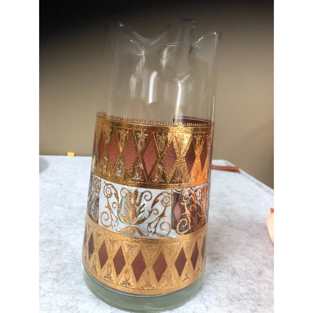 Vintage West Virginia Glass Co Rainier Pitcher 22K Gold Cranberry Diamond MCM